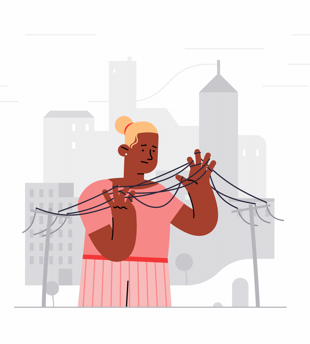 Person tangled in wires illustration